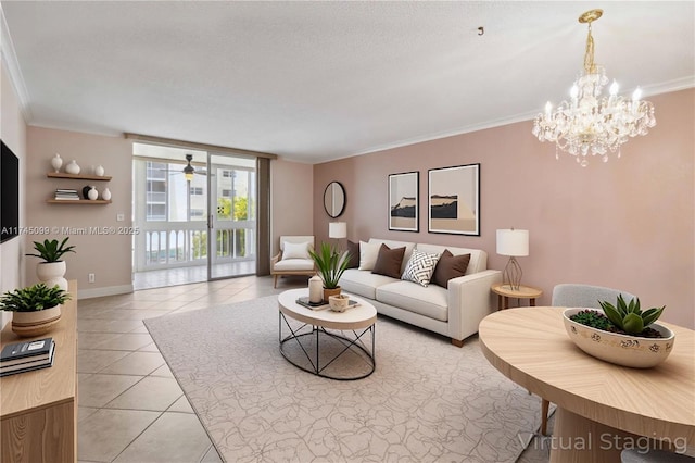 301 NE 14th Ave Unit 201, Hallandale Beach, FL 33009 - living room featuring light tile patterned floors, ornamental molding, a chandelier, baseboards, and a wall of windows