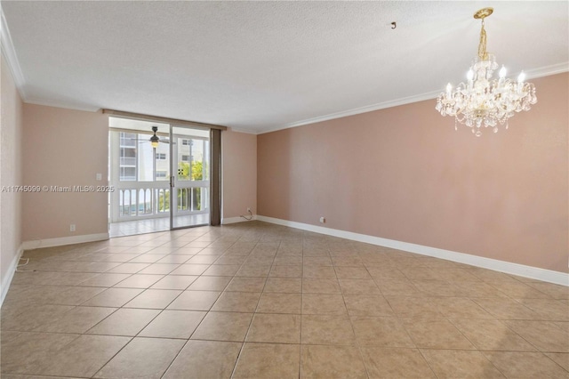 301 NE 14th Ave Unit 201, Hallandale Beach, FL 33009 - spare room featuring crown molding, a chandelier, baseboards, a textured ceiling, and light tile patterned floors