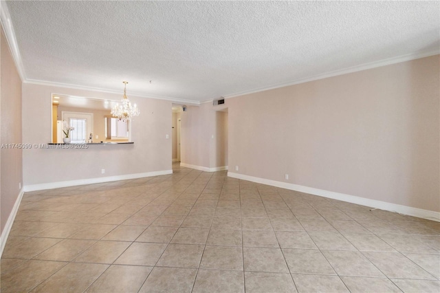301 NE 14th Ave Unit 201, Hallandale Beach, FL 33009 - empty room featuring a chandelier, crown molding, a textured ceiling, light tile patterned floors, and baseboards