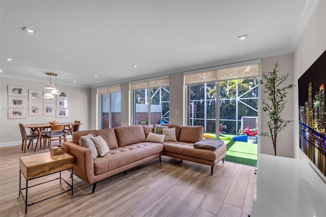 living room featuring crown molding, plenty of natural light, and light hardwood / wood-style flooring