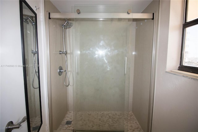 bathroom featuring a shower with shower door