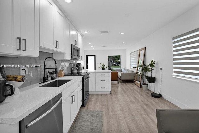 kitchen with kitchen peninsula, sink, backsplash, appliances with stainless steel finishes, and white cabinets