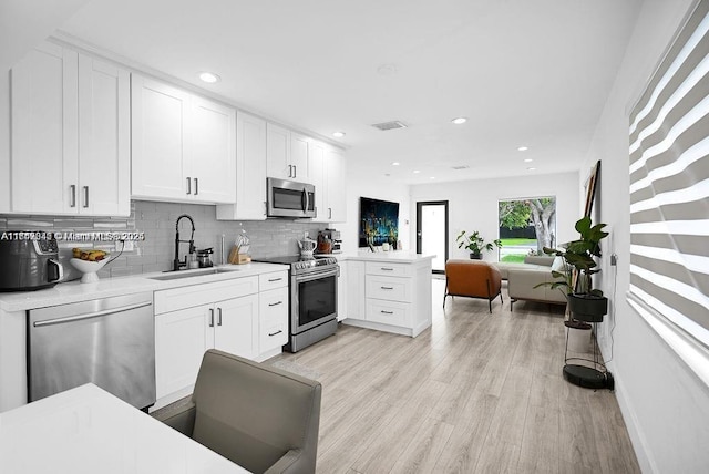 kitchen featuring sink, backsplash, stainless steel appliances, kitchen peninsula, and white cabinets