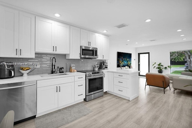 kitchen featuring appliances with stainless steel finishes, light hardwood / wood-style flooring, sink, white cabinetry, and kitchen peninsula