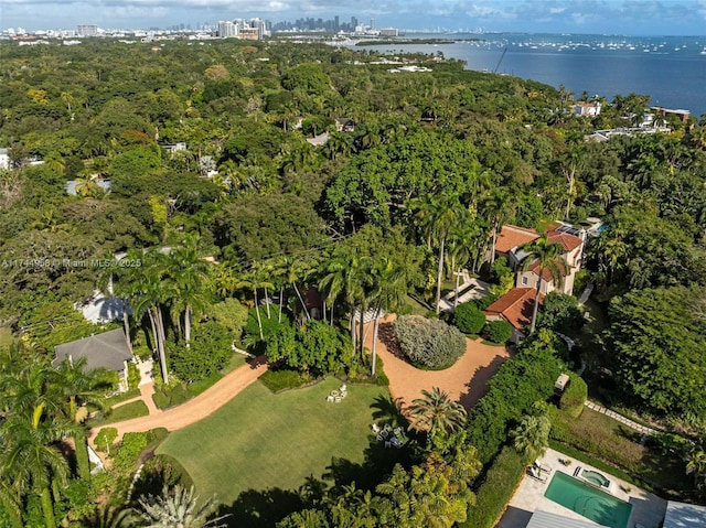 drone / aerial view featuring a water view