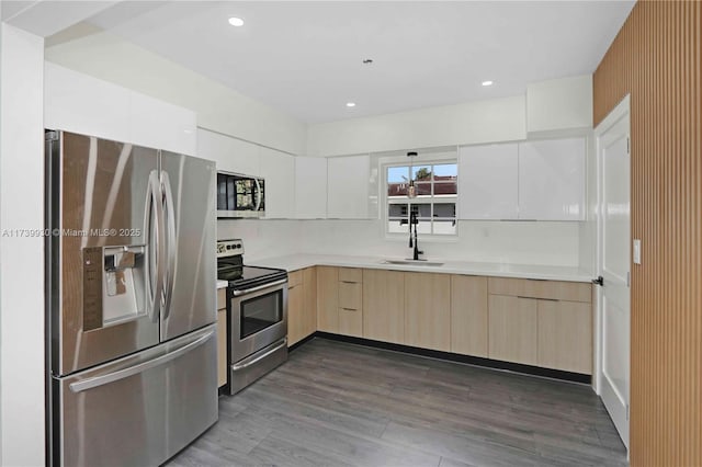 kitchen featuring a sink, stainless steel appliances, modern cabinets, and light countertops