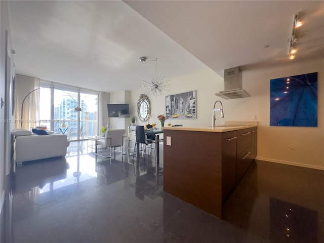 kitchen with exhaust hood, a wall of windows, and sink