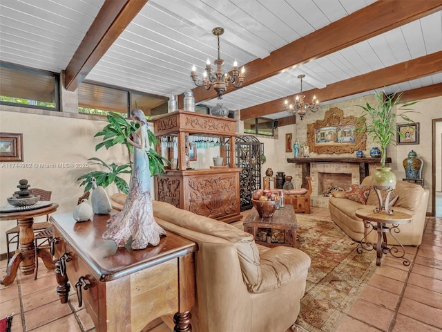 6200 SW 112th St, Pinecrest, FL 33156 - living room with a chandelier, wooden ceiling with exposed beams, and a stone fireplace