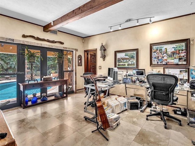 6200 SW 112th St, Pinecrest, FL 33156 - tiled home office with a textured ceiling, beamed ceiling, and french doors