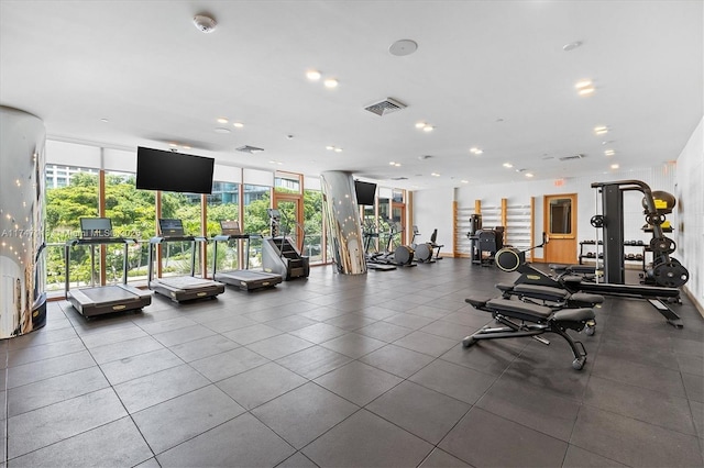 workout area with a wall of windows