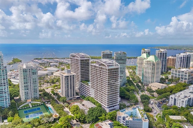 drone / aerial view with a water view