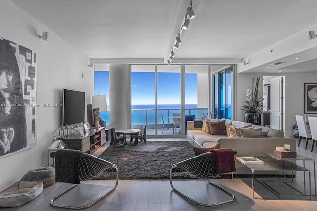 living room with track lighting, floor to ceiling windows, and hardwood / wood-style floors