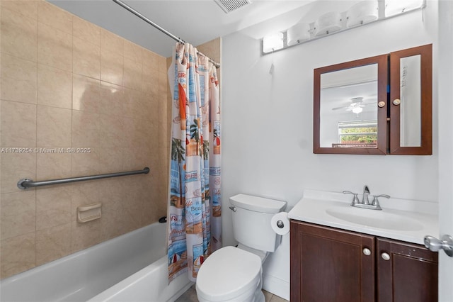 full bath with shower / bath combo with shower curtain, vanity, toilet, and visible vents