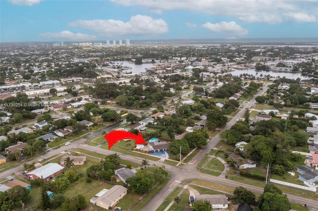 drone / aerial view featuring a water view