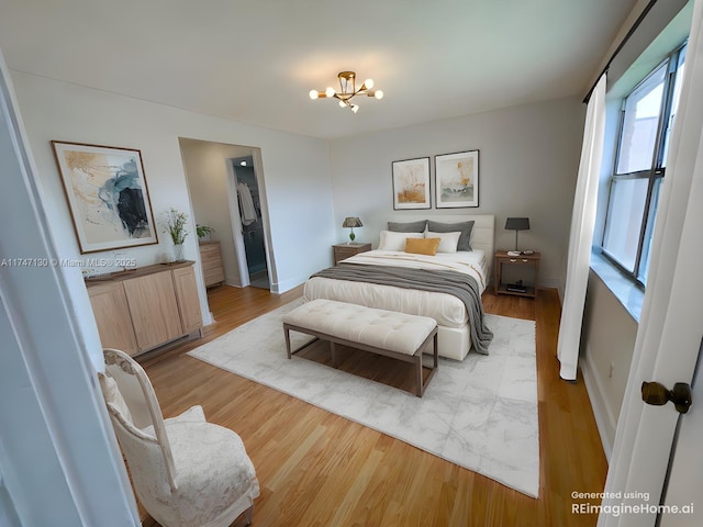 bedroom featuring an inviting chandelier, light hardwood / wood-style flooring, a spacious closet, and radiator