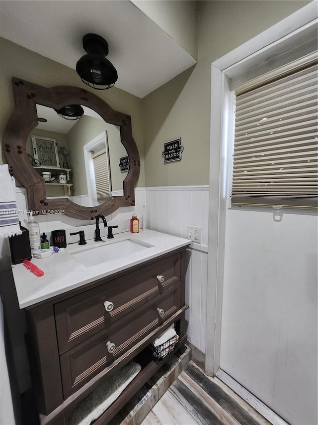 bathroom with wood-type flooring and vanity