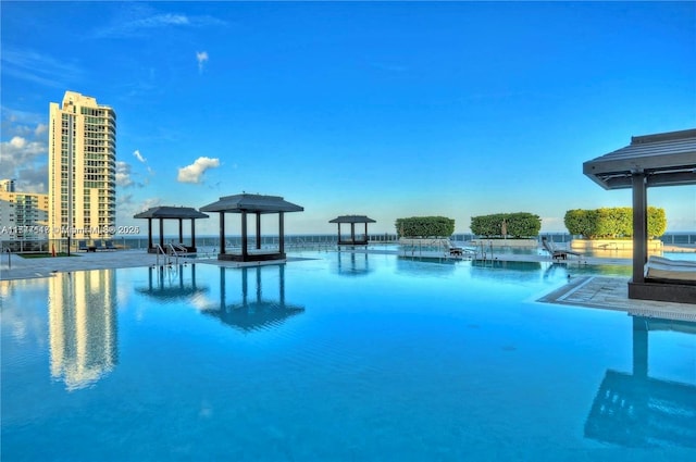 view of swimming pool with a water view