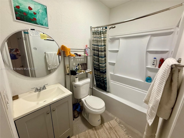 full bathroom featuring toilet, shower / bath combo, and vanity