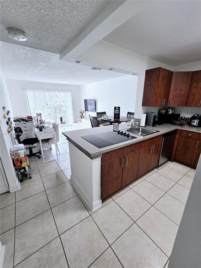 kitchen featuring dark brown cabinets, black electric cooktop, dishwasher, light tile patterned floors, and a textured ceiling