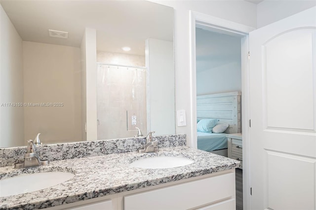 ensuite bathroom with curtained shower, a sink, ensuite bath, and double vanity