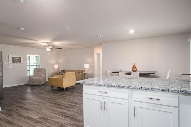 kitchen featuring light stone counters, dark wood-style flooring, visible vents, and white cabinets