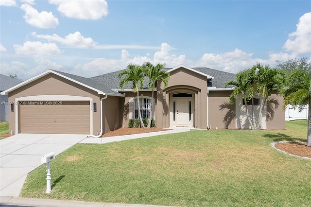 ranch-style house with a front yard and a garage