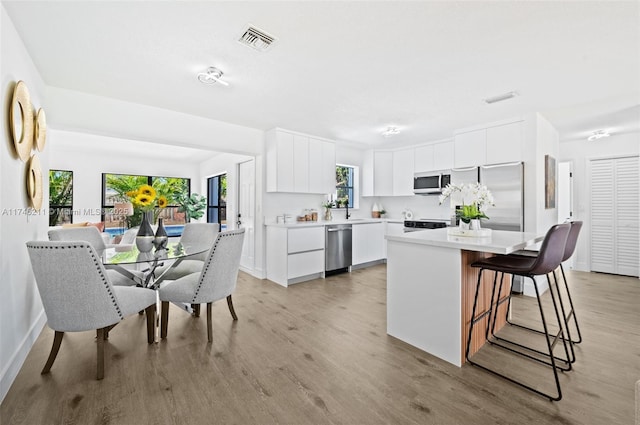 kitchen featuring stainless steel appliances, a center island, light wood-type flooring, white cabinetry, and a kitchen bar