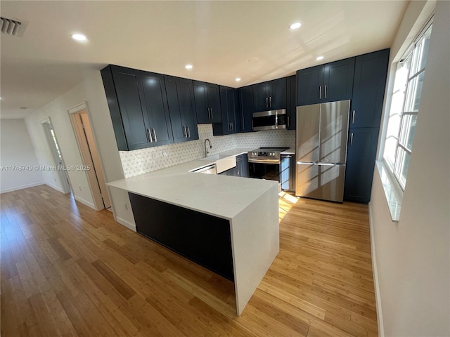 kitchen with light hardwood / wood-style flooring, stainless steel appliances, tasteful backsplash, and kitchen peninsula