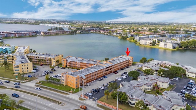 drone / aerial view featuring a water view