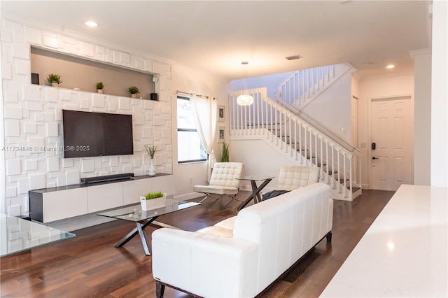 living room featuring dark wood-type flooring