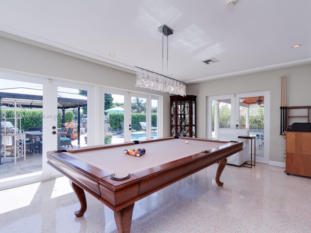 recreation room with billiards and french doors
