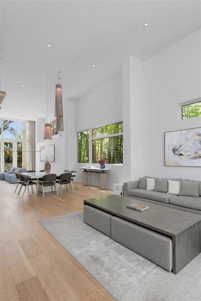 335 W 46th St, Miami Beach, FL 33140 - living room featuring a high ceiling and light hardwood / wood-style floors