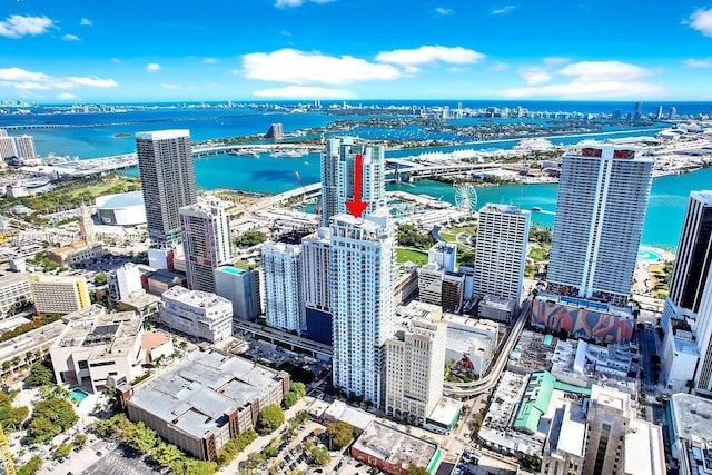 drone / aerial view with a water view