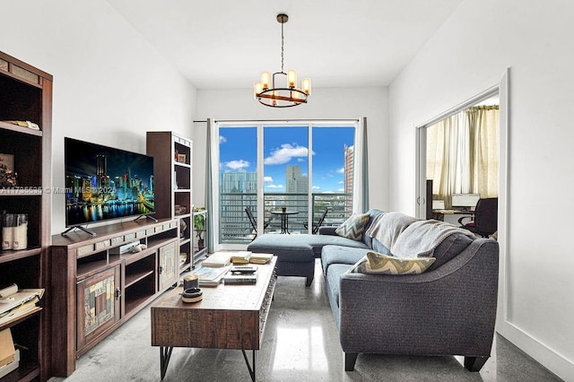 living room featuring a notable chandelier