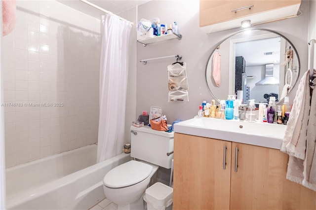 bathroom with toilet, shower / bathtub combination with curtain, visible vents, and vanity