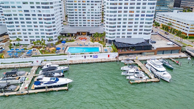 bird's eye view with a water view and a city view