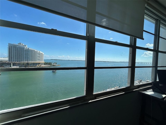 view of water feature with a city view