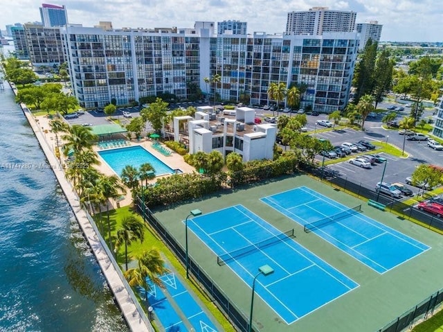 birds eye view of property featuring a water view