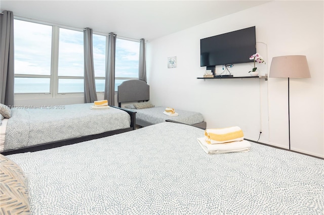 bedroom featuring a water view