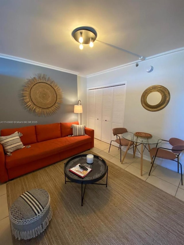 tiled living room with ornamental molding