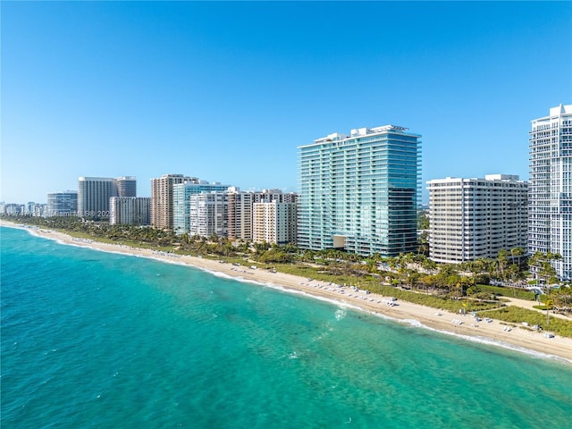 drone / aerial view with a water view and a view of the beach