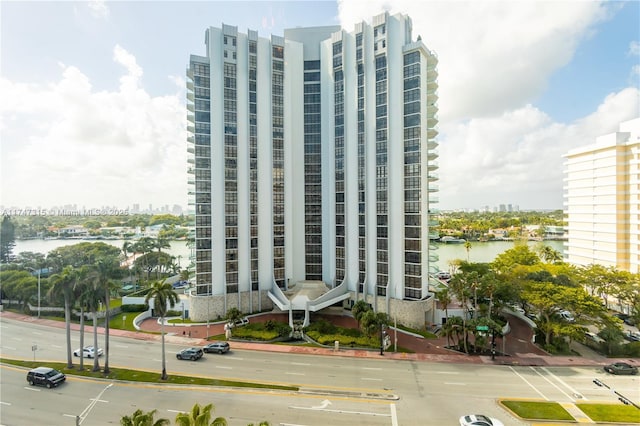 view of building exterior featuring a water view