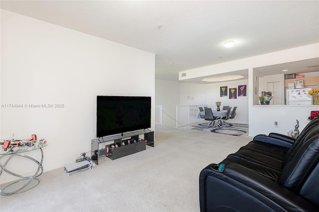 living room featuring carpet and a textured ceiling