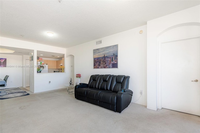 carpeted living room with a textured ceiling