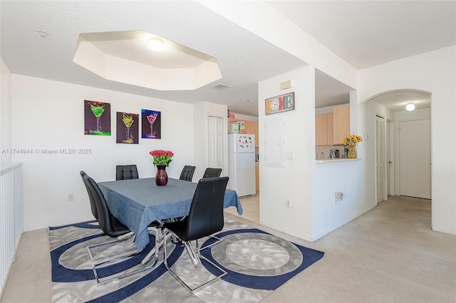 dining room with a raised ceiling, a textured ceiling, and light carpet