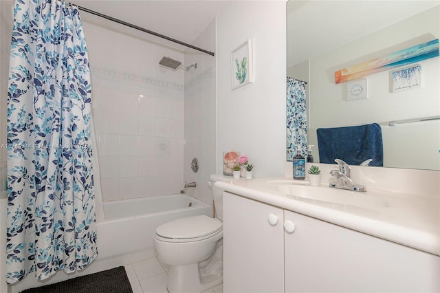 full bathroom with tile patterned floors, shower / bath combo with shower curtain, toilet, and vanity