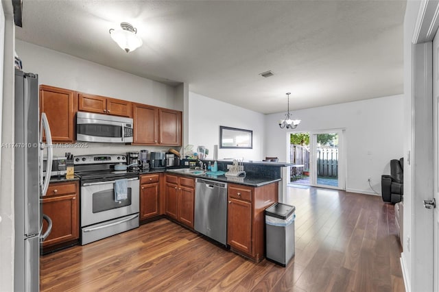 kitchen with appliances with stainless steel finishes, dark wood-type flooring, pendant lighting, sink, and kitchen peninsula