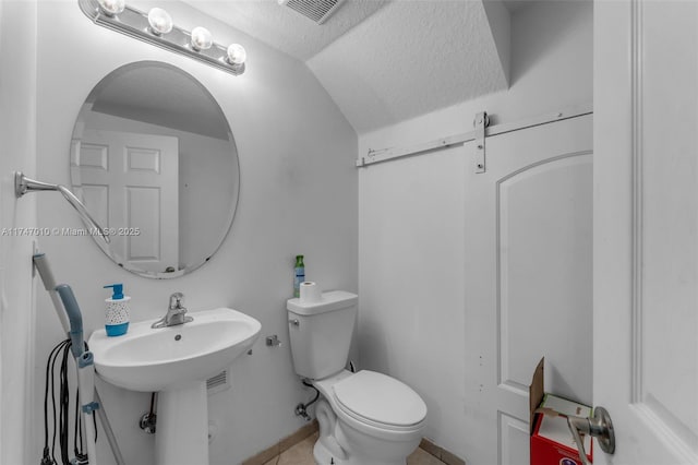 bathroom featuring lofted ceiling, a textured ceiling, toilet, and sink