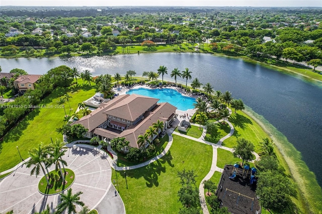 drone / aerial view with a water view