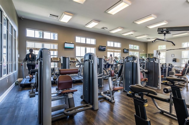 exercise room with dark hardwood / wood-style flooring